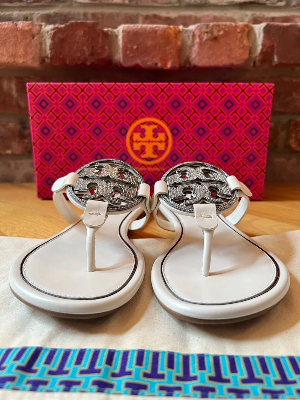 Tory Burch Ivory & Silver Metal Crystal Embellished Miller Sandals